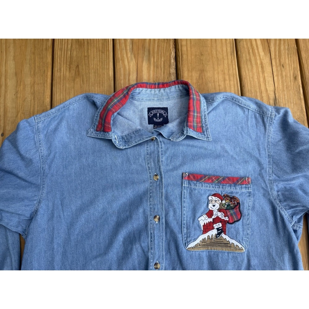 Vintage Solutions Christmas Santa Embroidered Denim Button Down Shirt Granny L